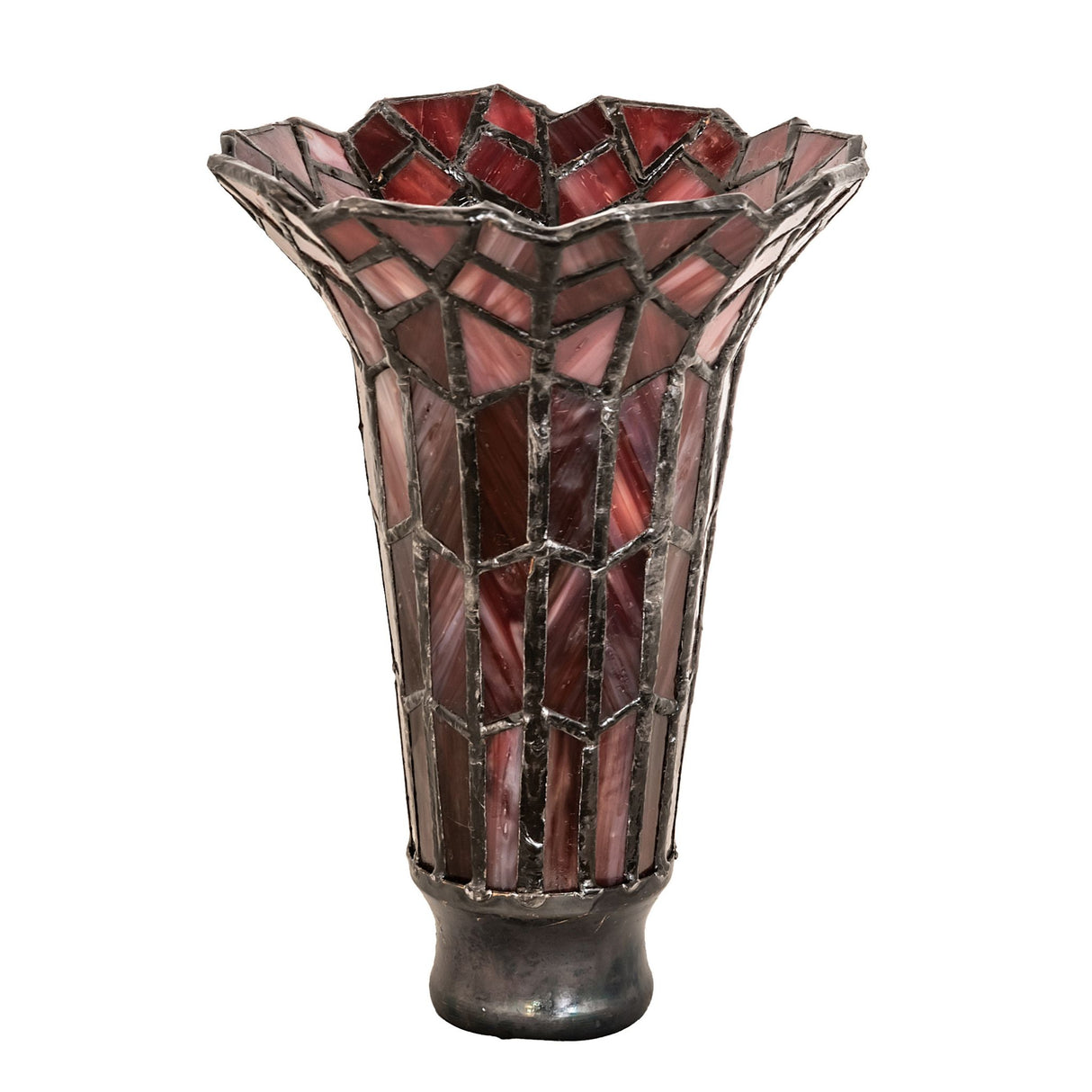 Stained glass pond lily shade with rich red and pink tones, unlit.