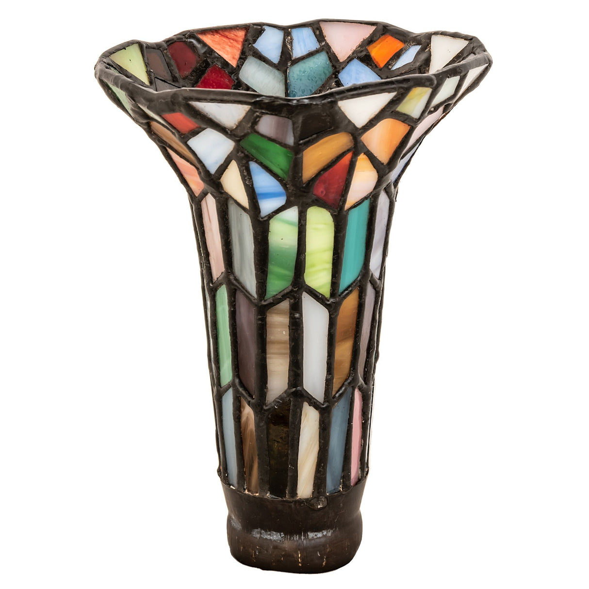 Unlit stained glass lily shade with vibrant mosaic glass pieces.