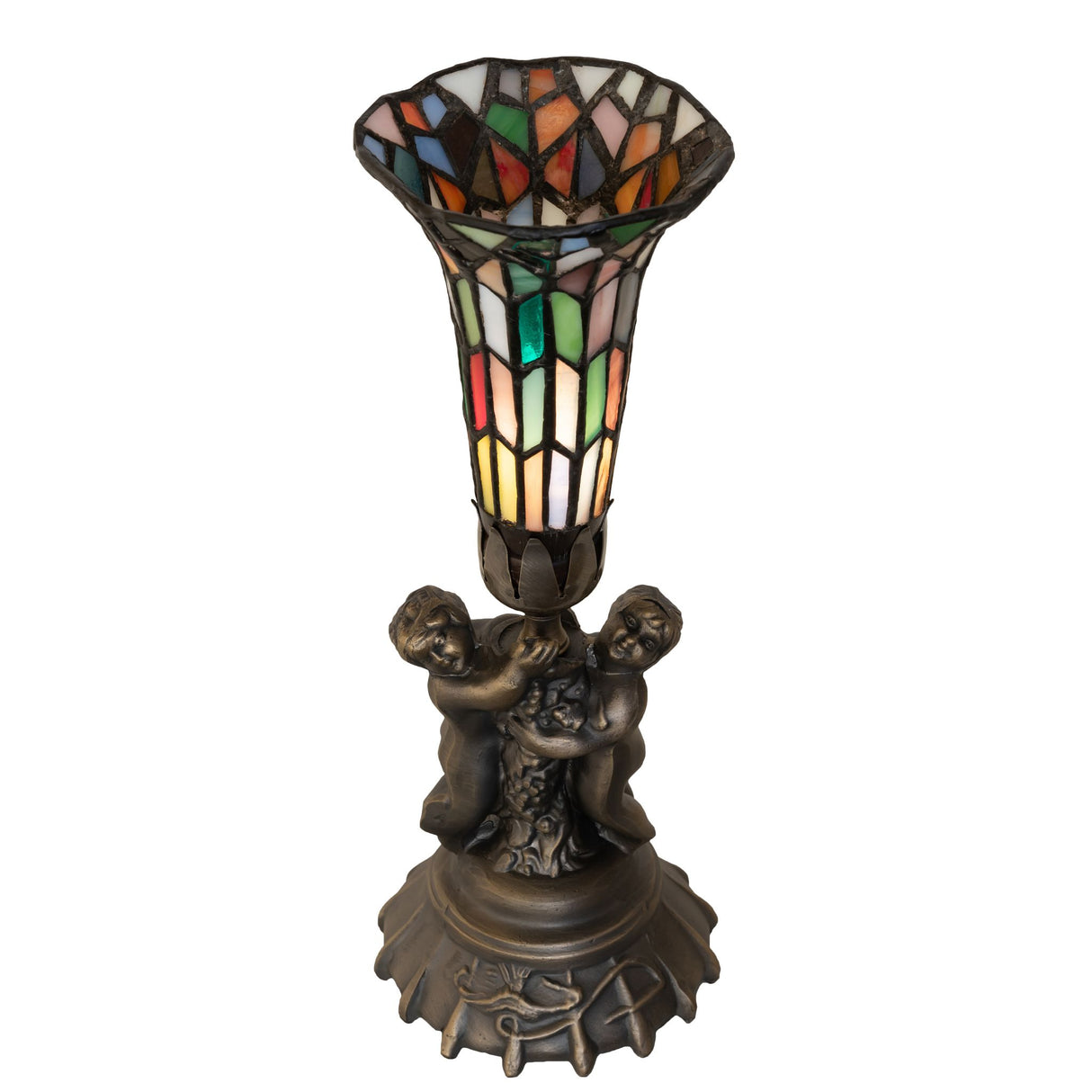 Angle view of stained glass twin cherub mini lamp.