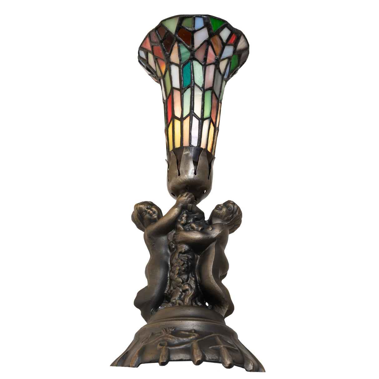 Bottom angle of stained glass lamp highlighting cherub base and shade design.