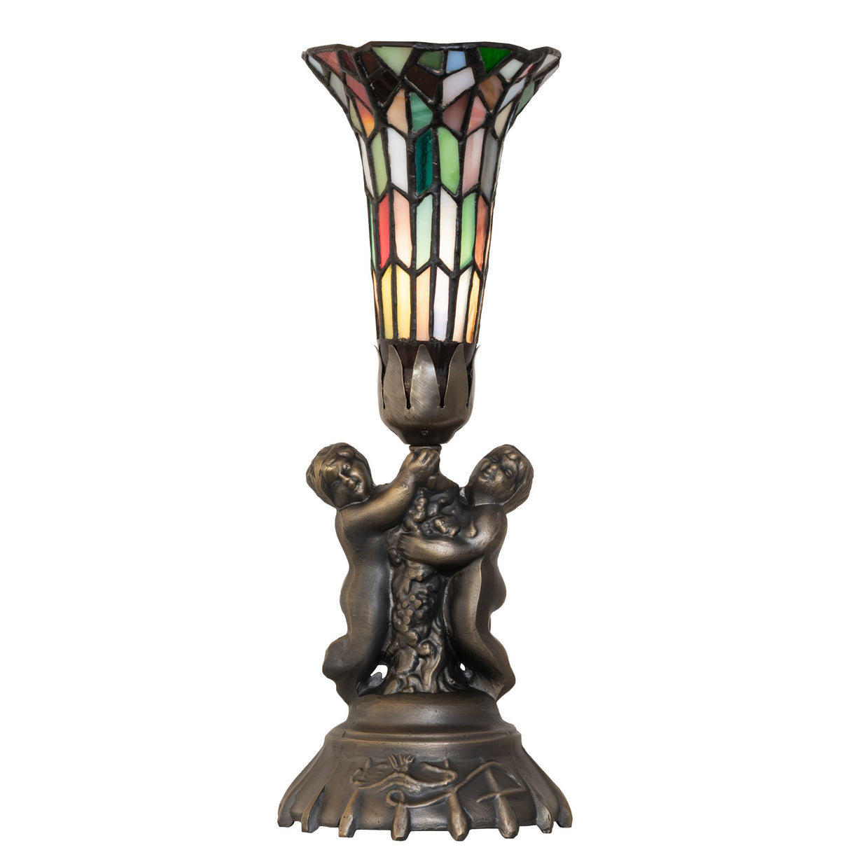 Front view of multicolored stained glass twin cherub lamp.