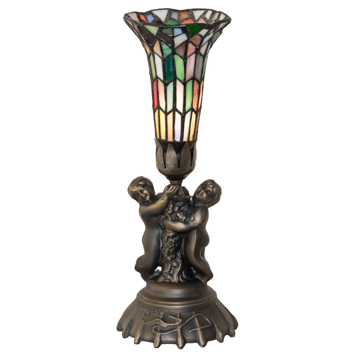 Lit view of stained glass twin cherub accent lamp with multicolor glass shade.
