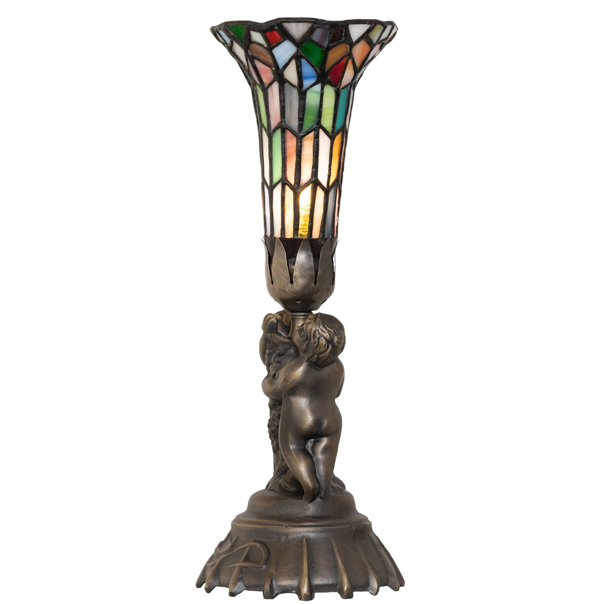 Side view of stained glass cherub accent lamp with brass finish.