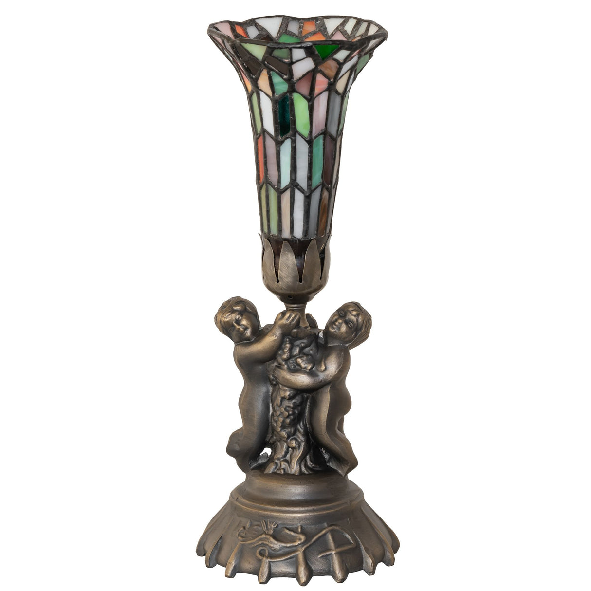 Unlit stained glass accent lamp with twin cherub base and colorful shade.