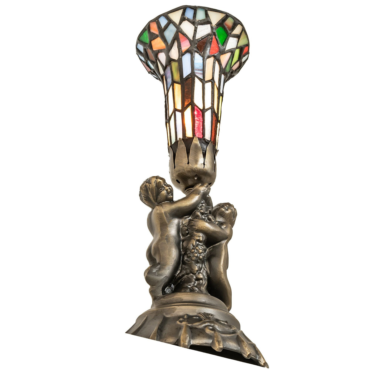 Bottom angled view of stained glass pond lily lamp with cherub base.