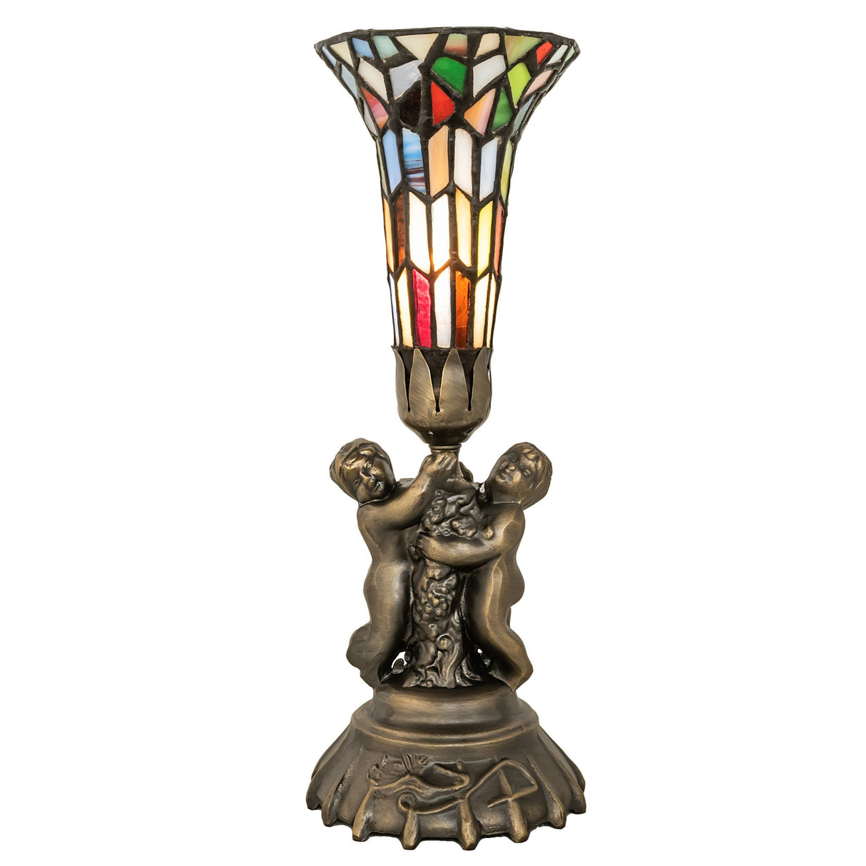 Front view of Tiffany-style mini lamp with lit mosaic glass shade.