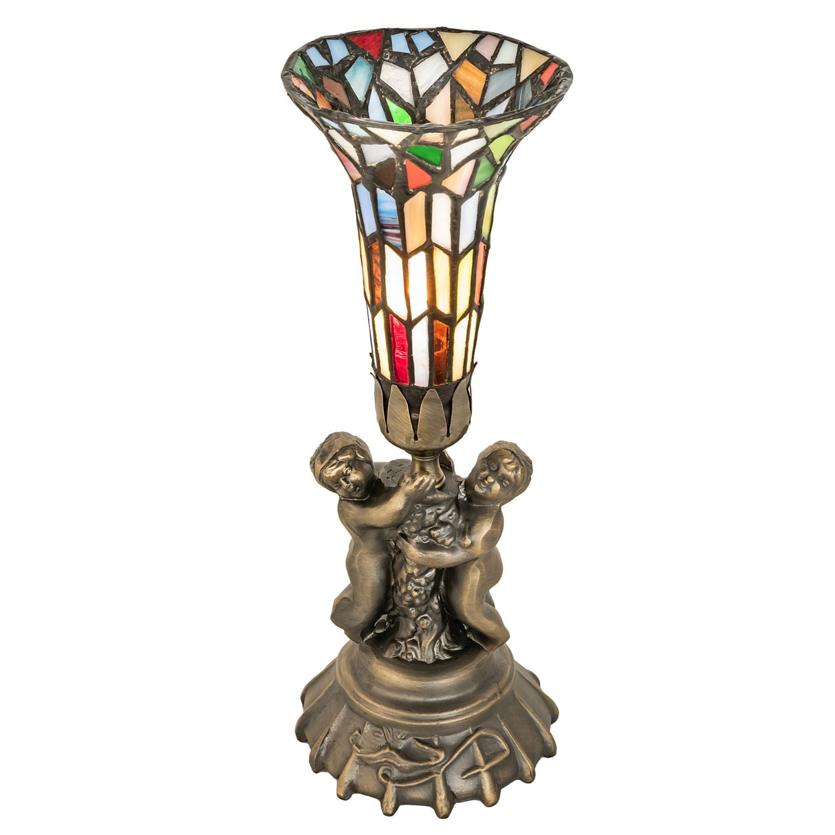 Stained glass pond lily mini lamp with cherub base, illuminated view.
