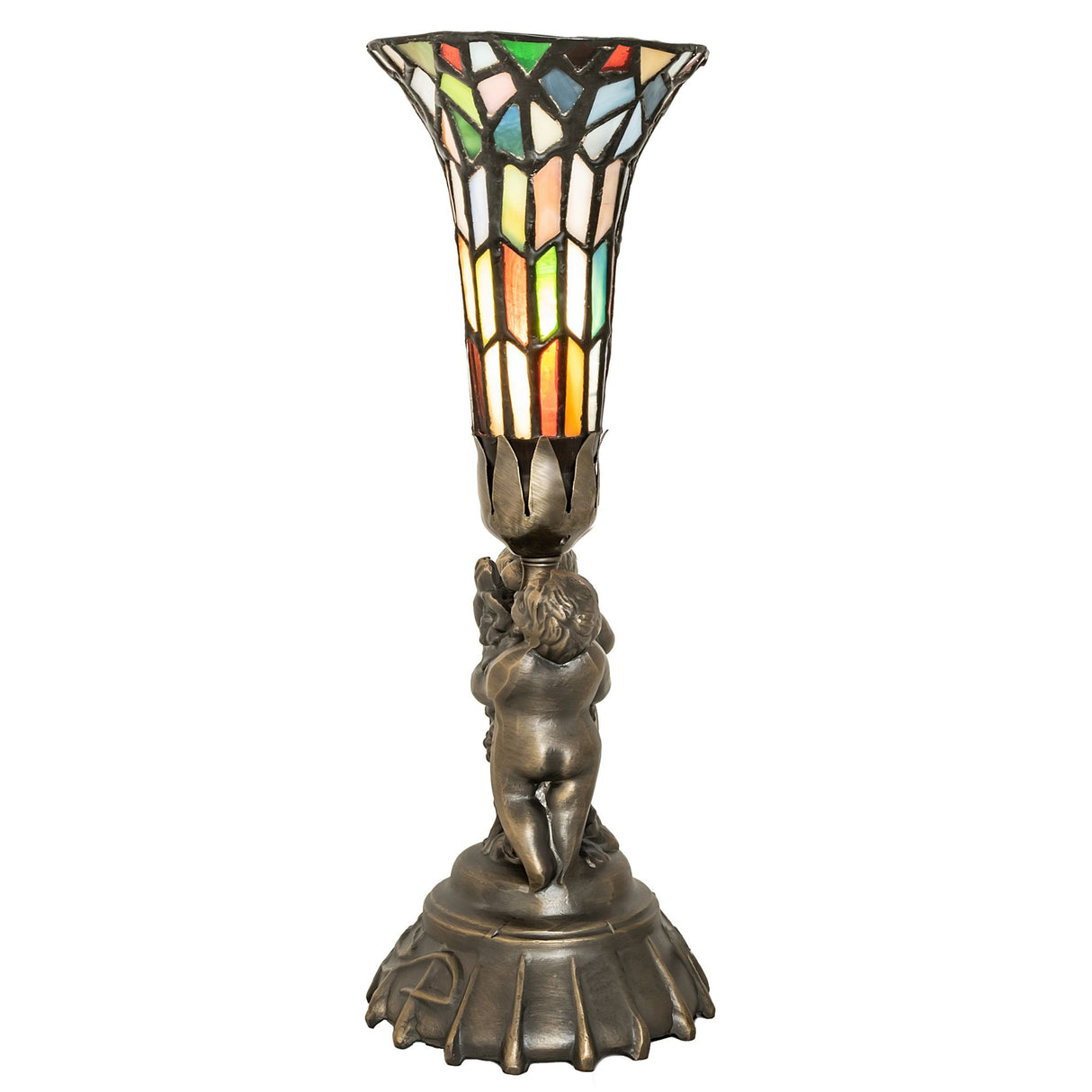 Side view of stained glass pond lily mini lamp showing detailed cherub base.