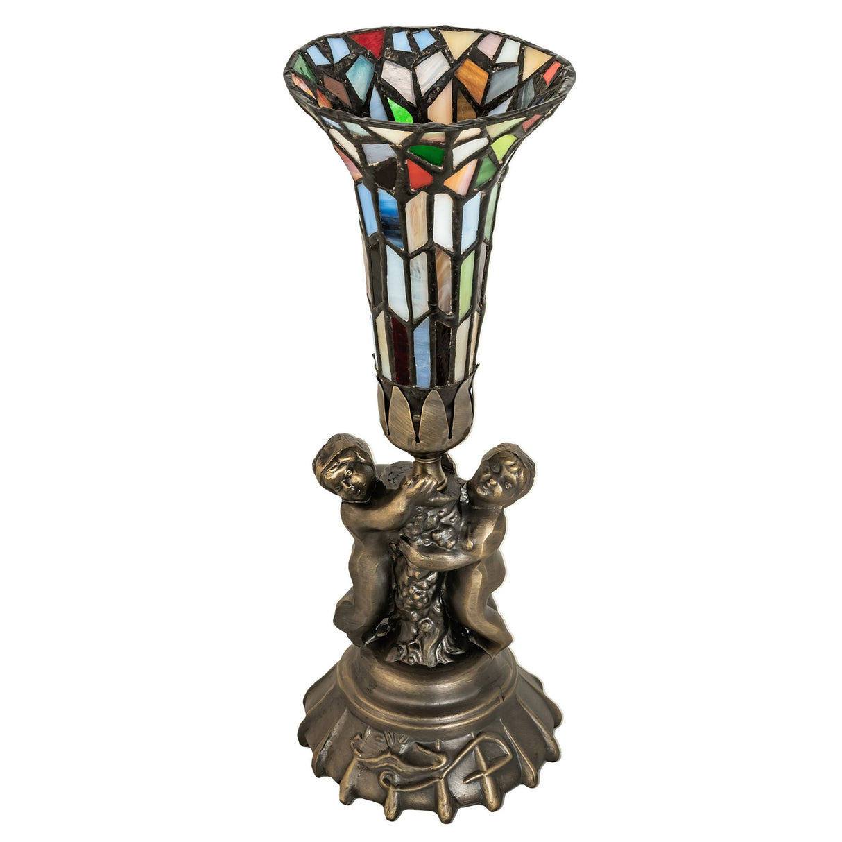 Unlit stained glass cherub mini lamp with multicolor Tiffany-style shade.