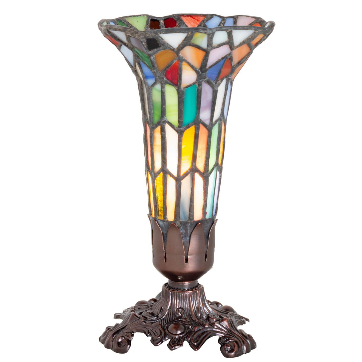 Stained glass Pond Lily Victorian accent lamp with a colorful mahogany bronze base.