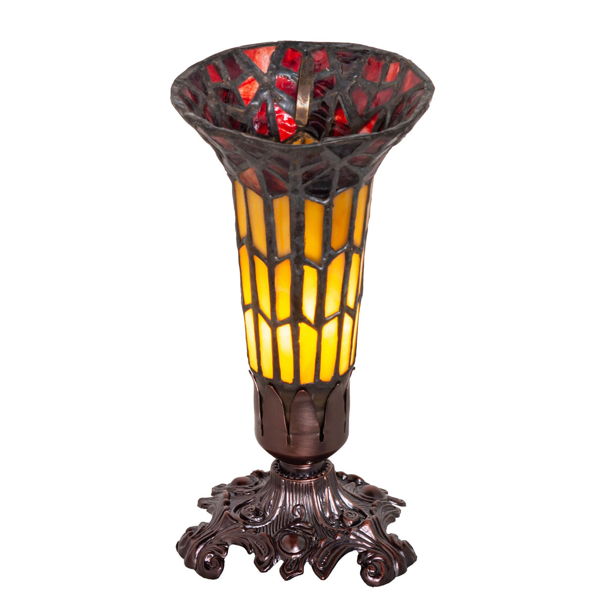 Front view of 8" stained glass Pond Lily Victorian accent lamp with intricate base.