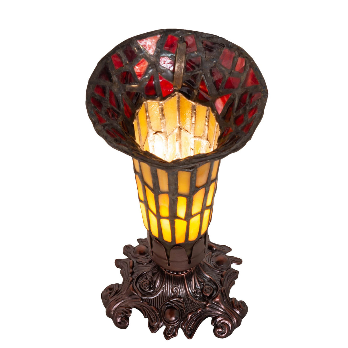 Top view highlighting the red and amber glass detailing of Pond Lily Victorian lamp.