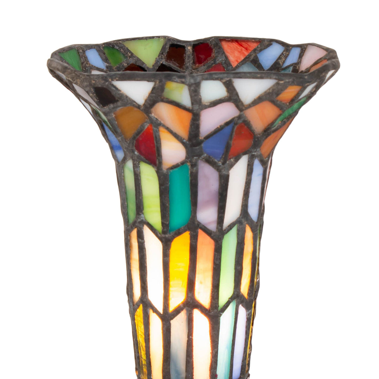 Close-up view of the Tiffany-style stained glass shade showcasing detailed glasswork.