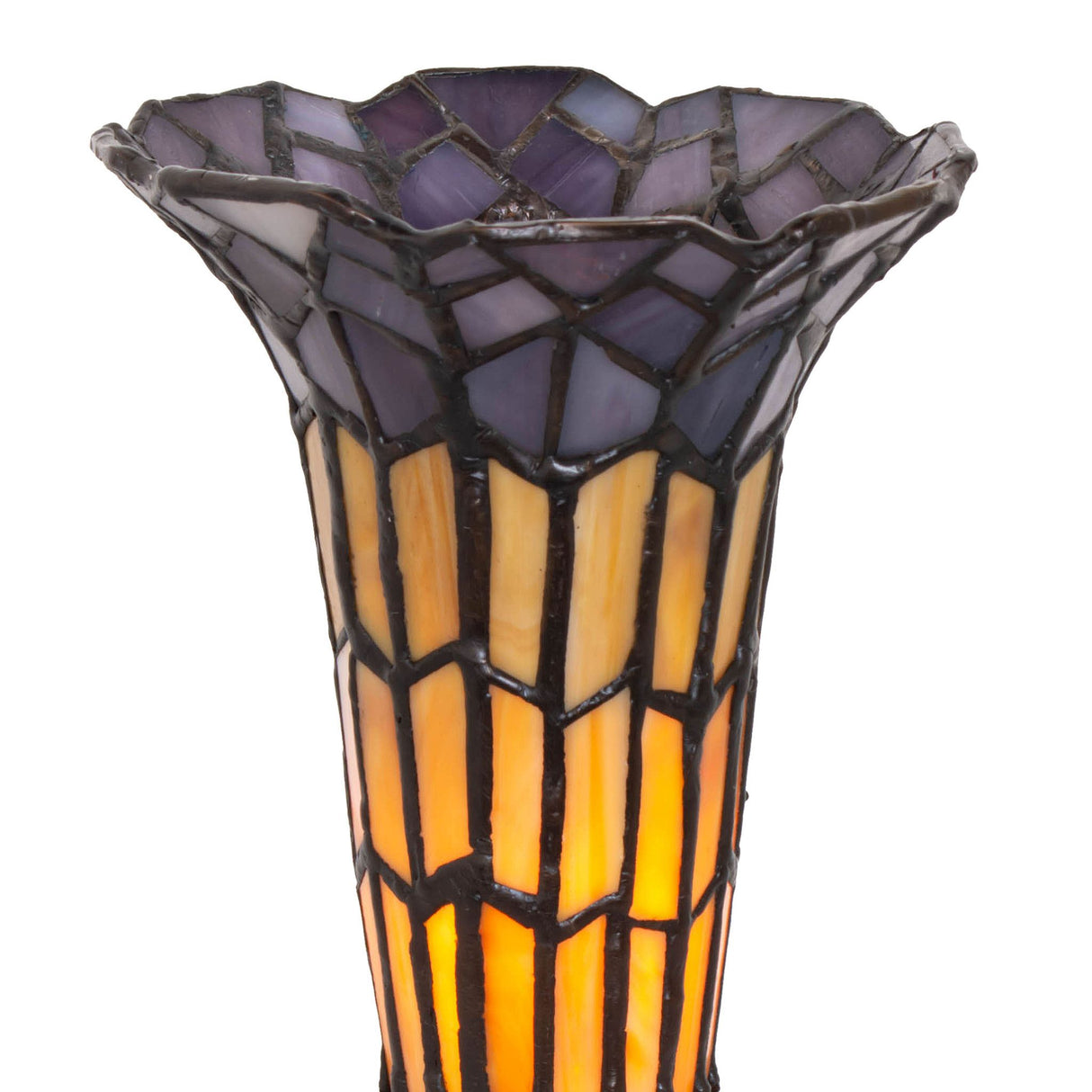 Close-up of the amber and pink stained glass shade on the Pond Lily Victorian lamp.