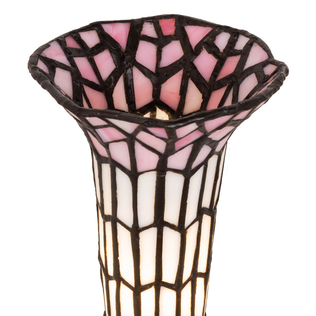 Close-up of the pink and white stained glass shade on the Victorian lamp.
