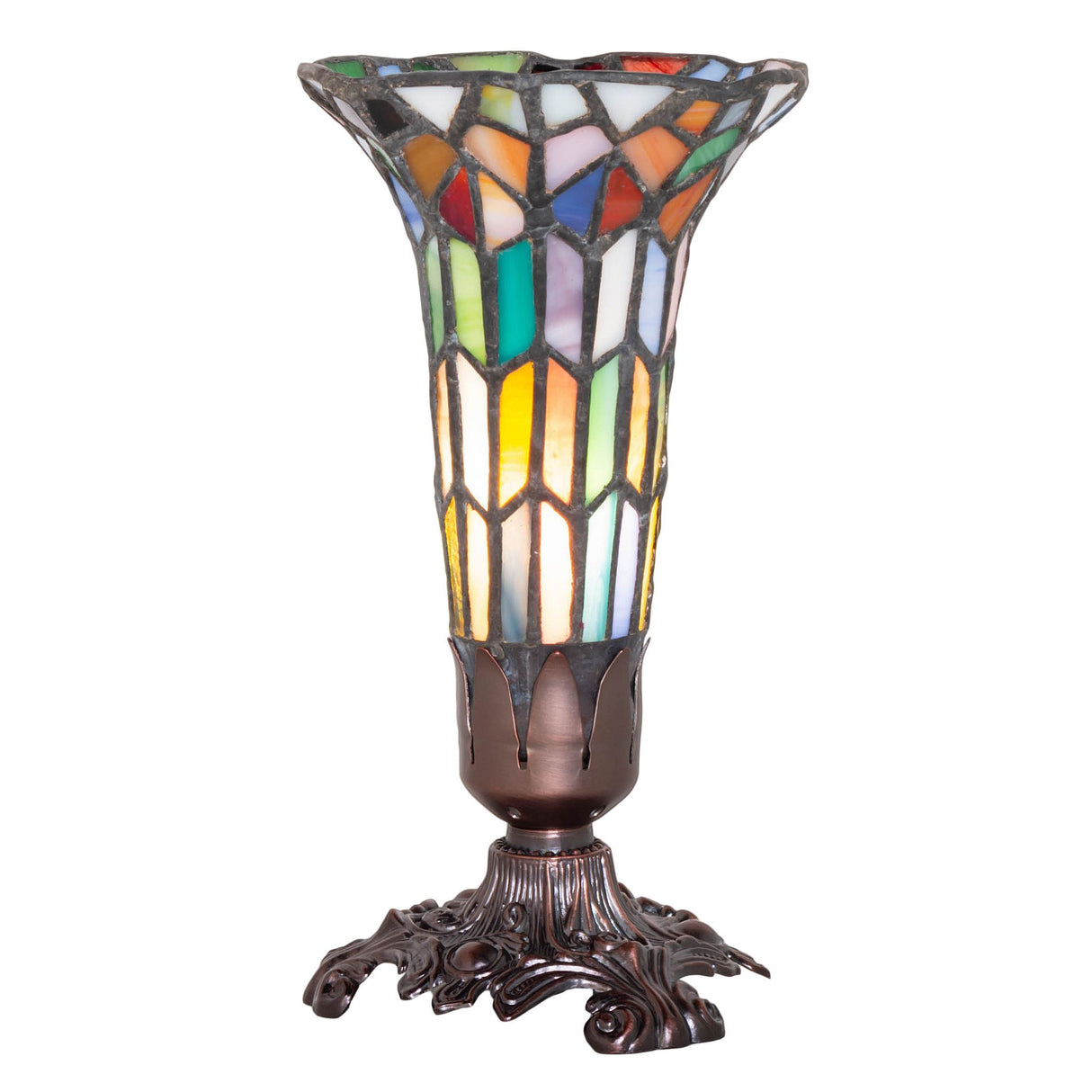 Front view of the stained glass Victorian lamp with a fluted, colorful stained glass shade.