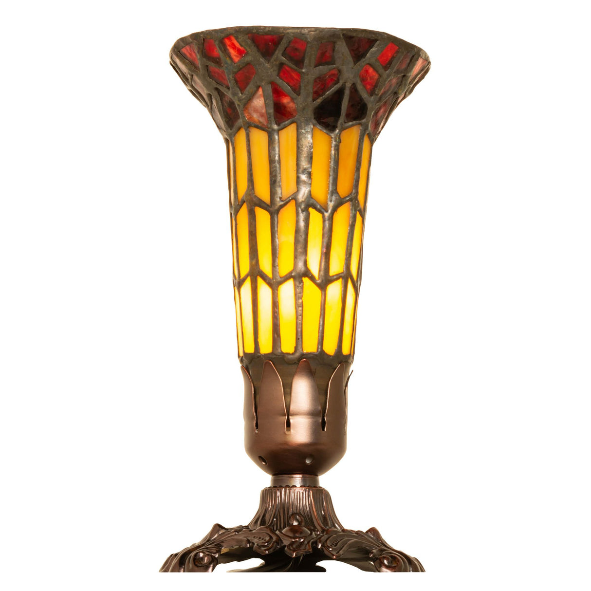 Illuminated 8" high stained glass Pond Lily Victorian accent lamp showcasing its vibrant colors.