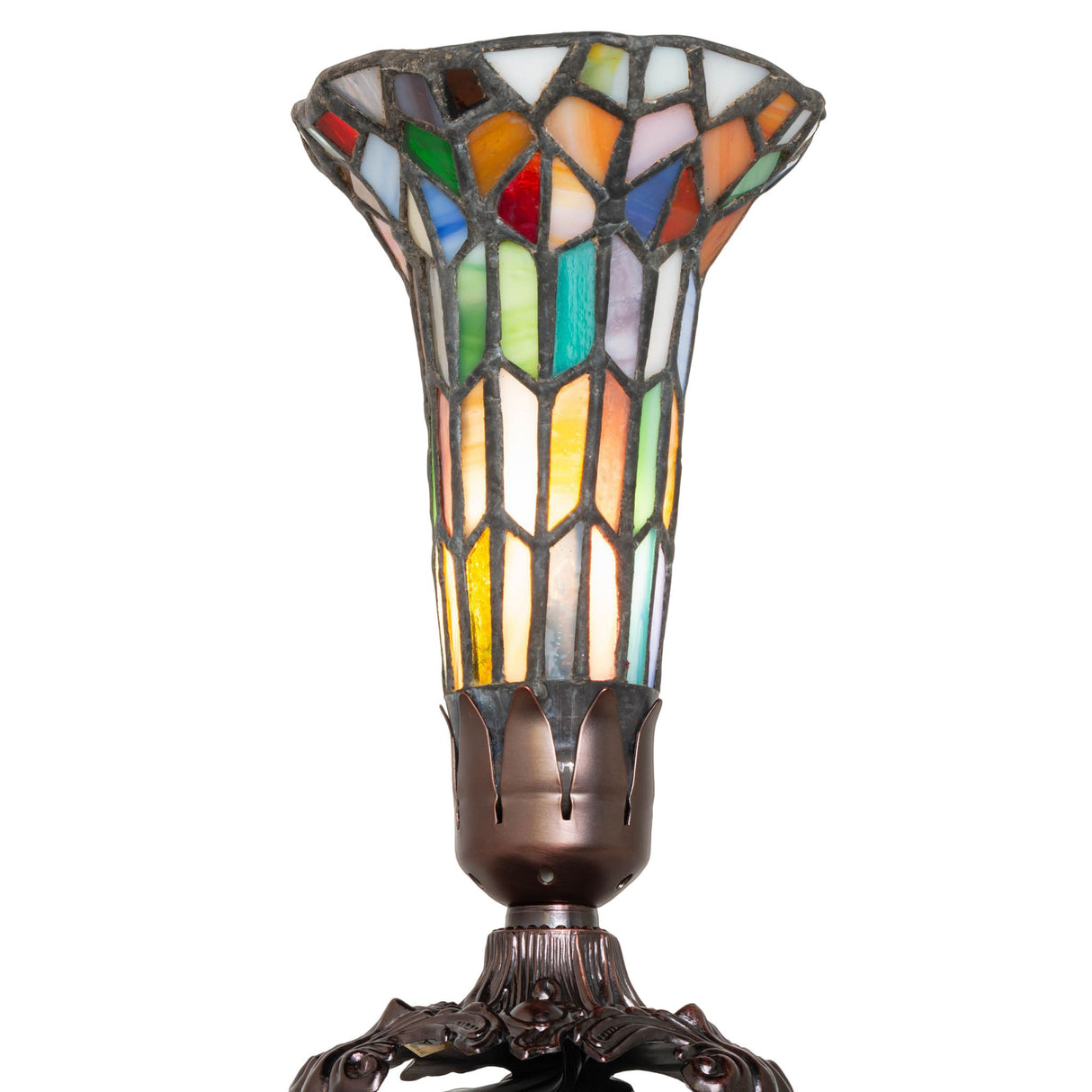 Side angle of the stained glass Pond Lily lamp displaying its elegant floral-inspired shape.