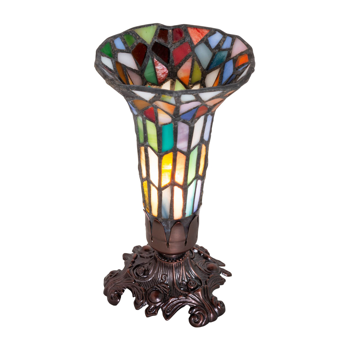 Top-down view of the Tiffany-style stained glass shade with geometric multicolored glass pieces.