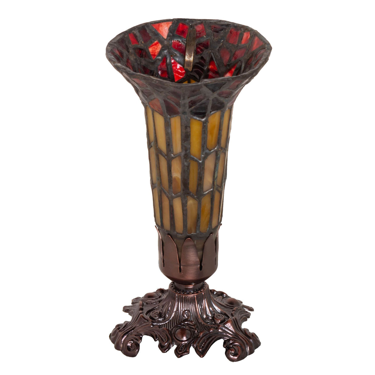 Unlit view of 8" high stained glass Pond Lily Victorian accent lamp with intricate details.