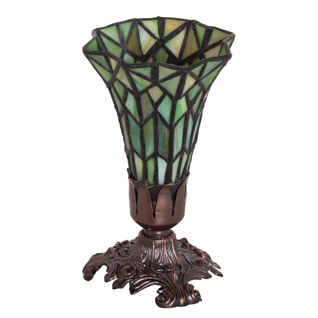 Unlit view of the 8" high green stained glass Pond Lily Victorian accent lamp.