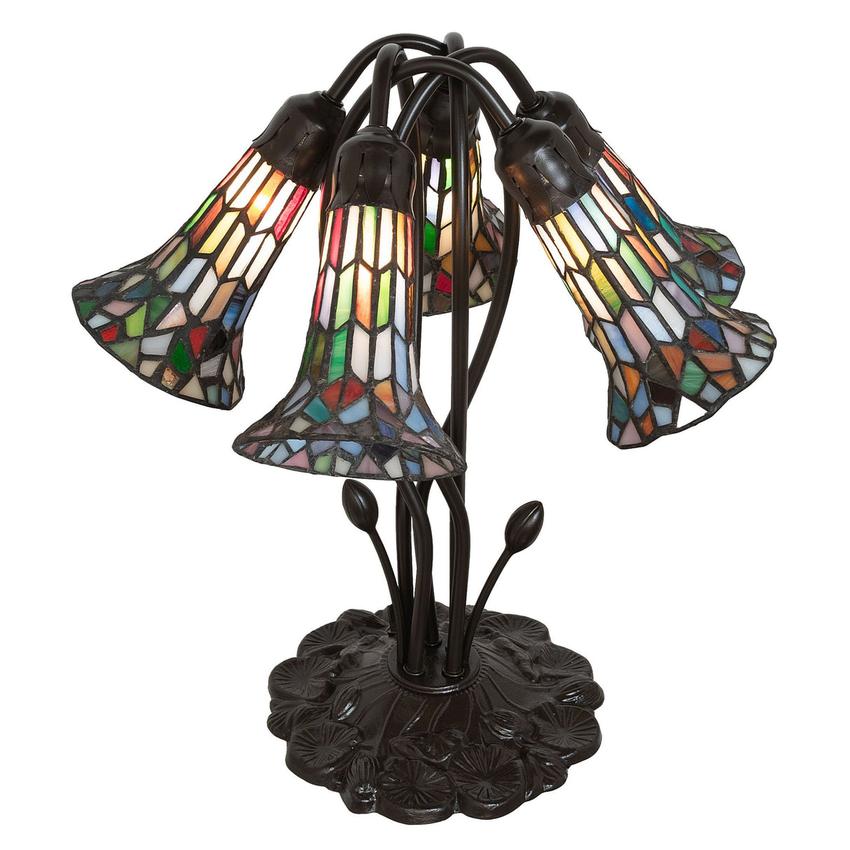 Artistic design of multicolored stained glass shades on the tiffany lamp.