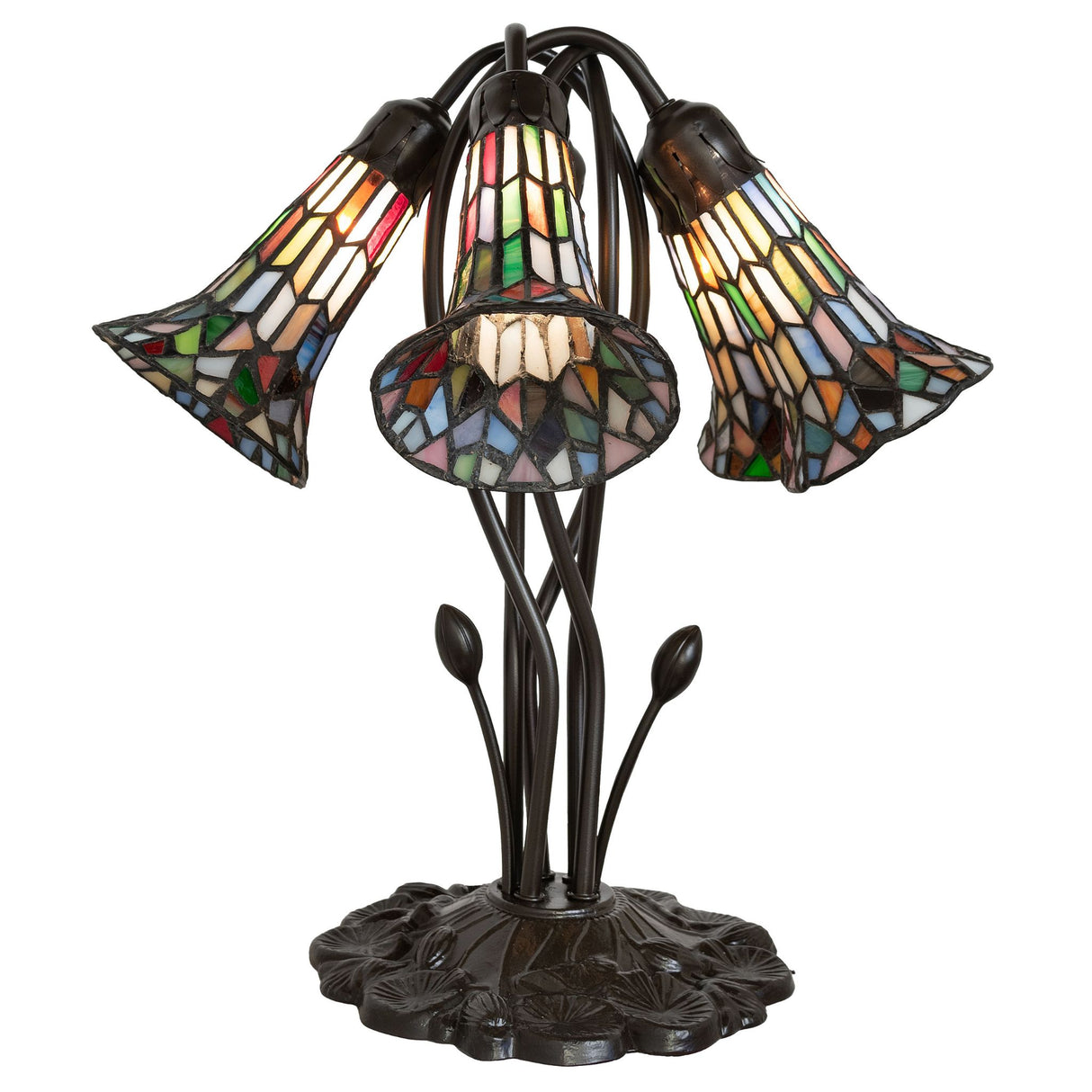 Close-up of vibrant stained glass shades on the pond lily lamp.