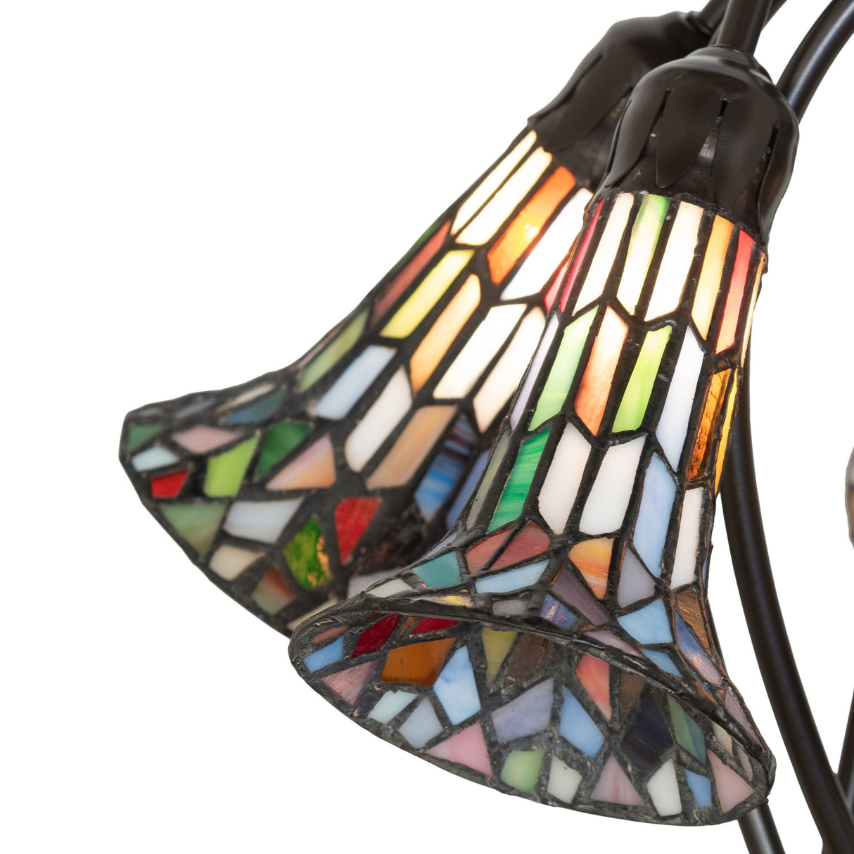 Detailed multicolored stained glass design on the pond lily lamp's shades.