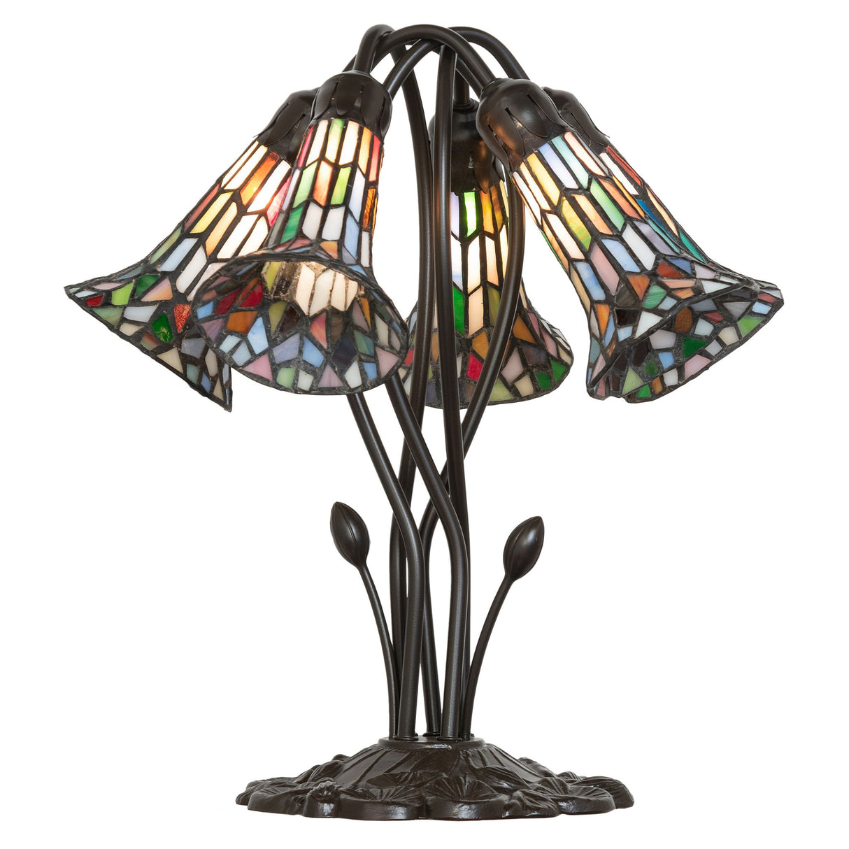 Stained glass tiffany pond lily lamp with vibrant multicolored shades.