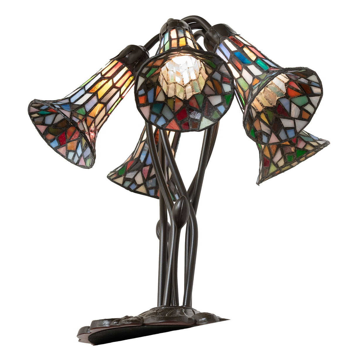 Overhead view of the tiffany pond lily lamp with multicolored glasswork.