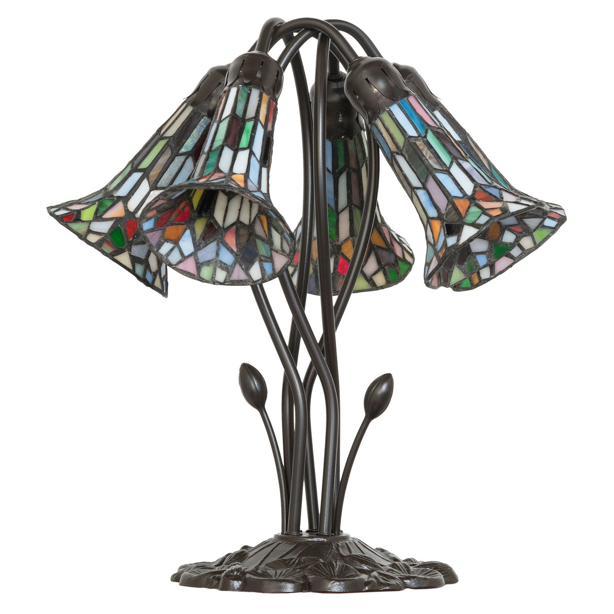 Side view of multicolored stained glass pond lily lamp with detailed shades.