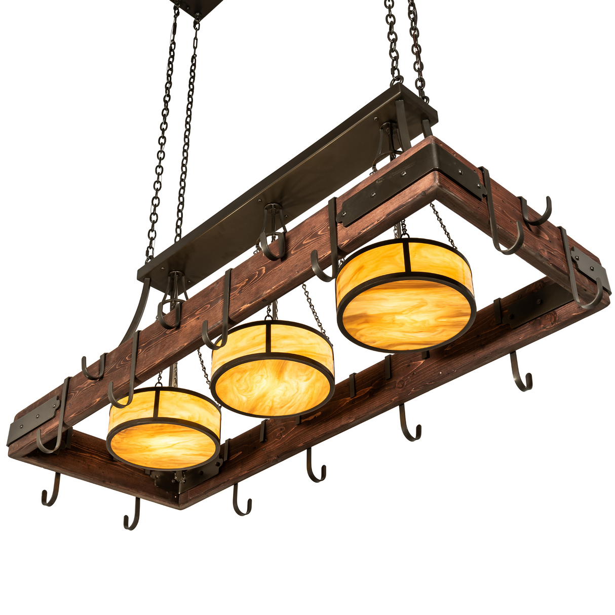 Bottom angle showing lit Travertine Idalight diffusers on Steamboat pot rack.
