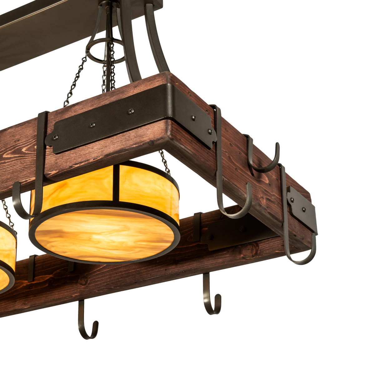 Close-up of Steamboat chandelier showing wood frame and metal accents.