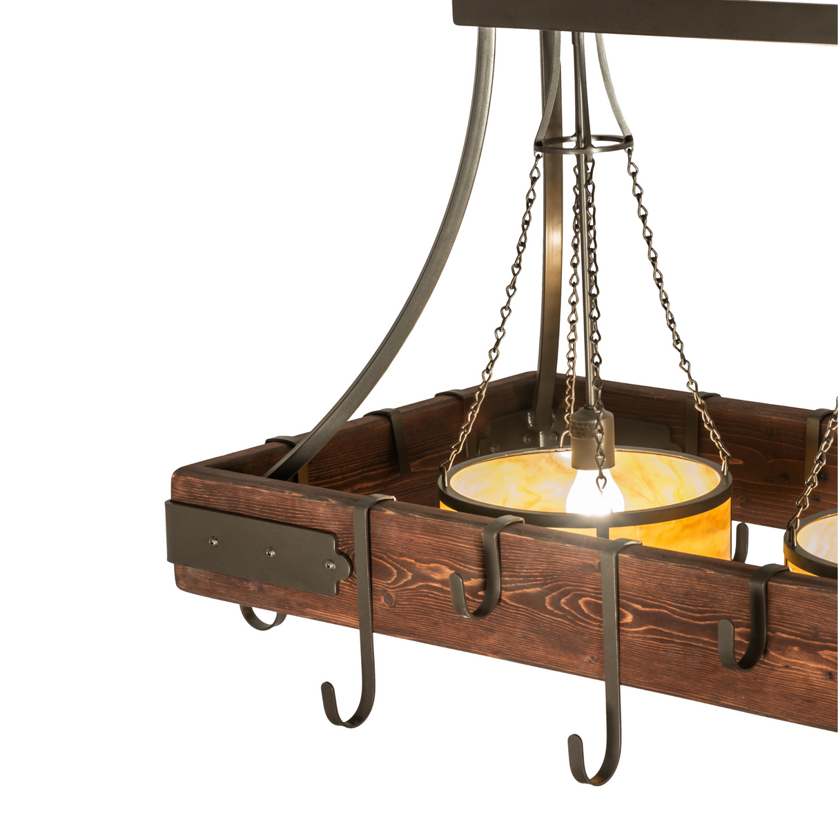 Close-up of Steamboat 3 Light Pot Rack with glowing shade and cookware hooks.