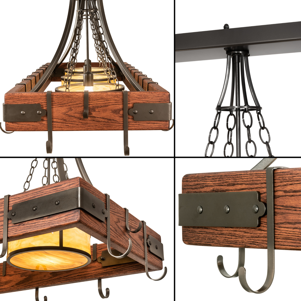 Collage showing different angles and details of Steamboat 3-light chandelier.