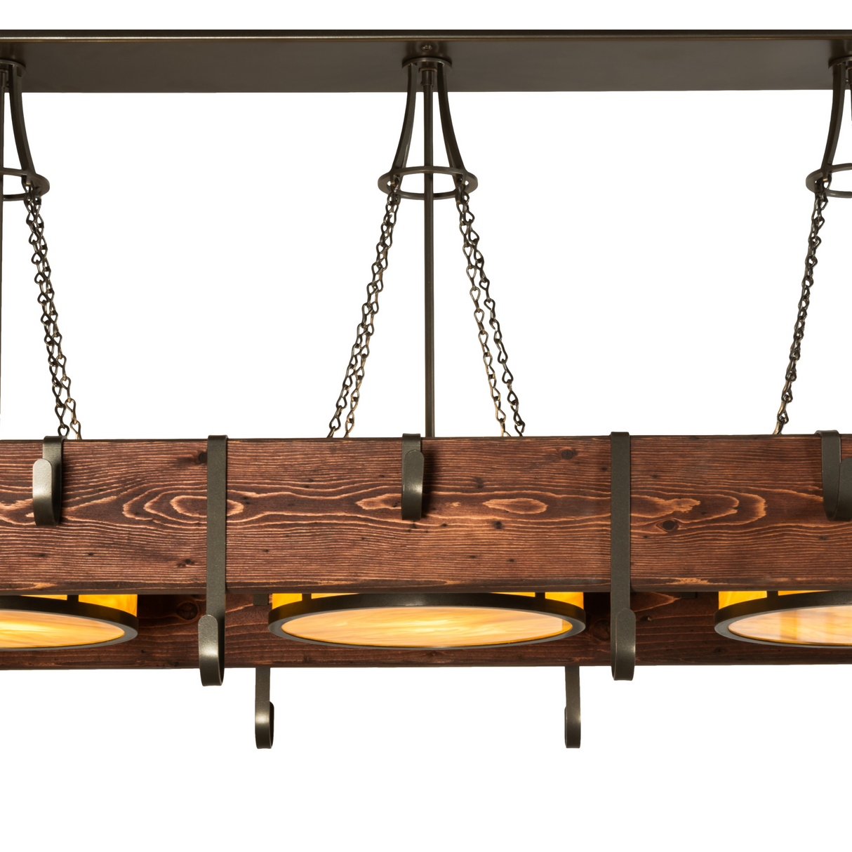 Detailed view of Steamboat chandelier’s rustic wood and steel design.