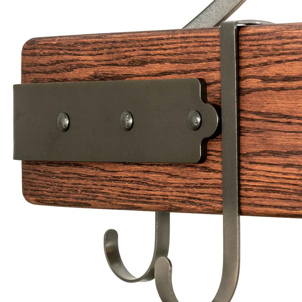 Close-up of bronze hook and steel support on Steamboat pot rack.