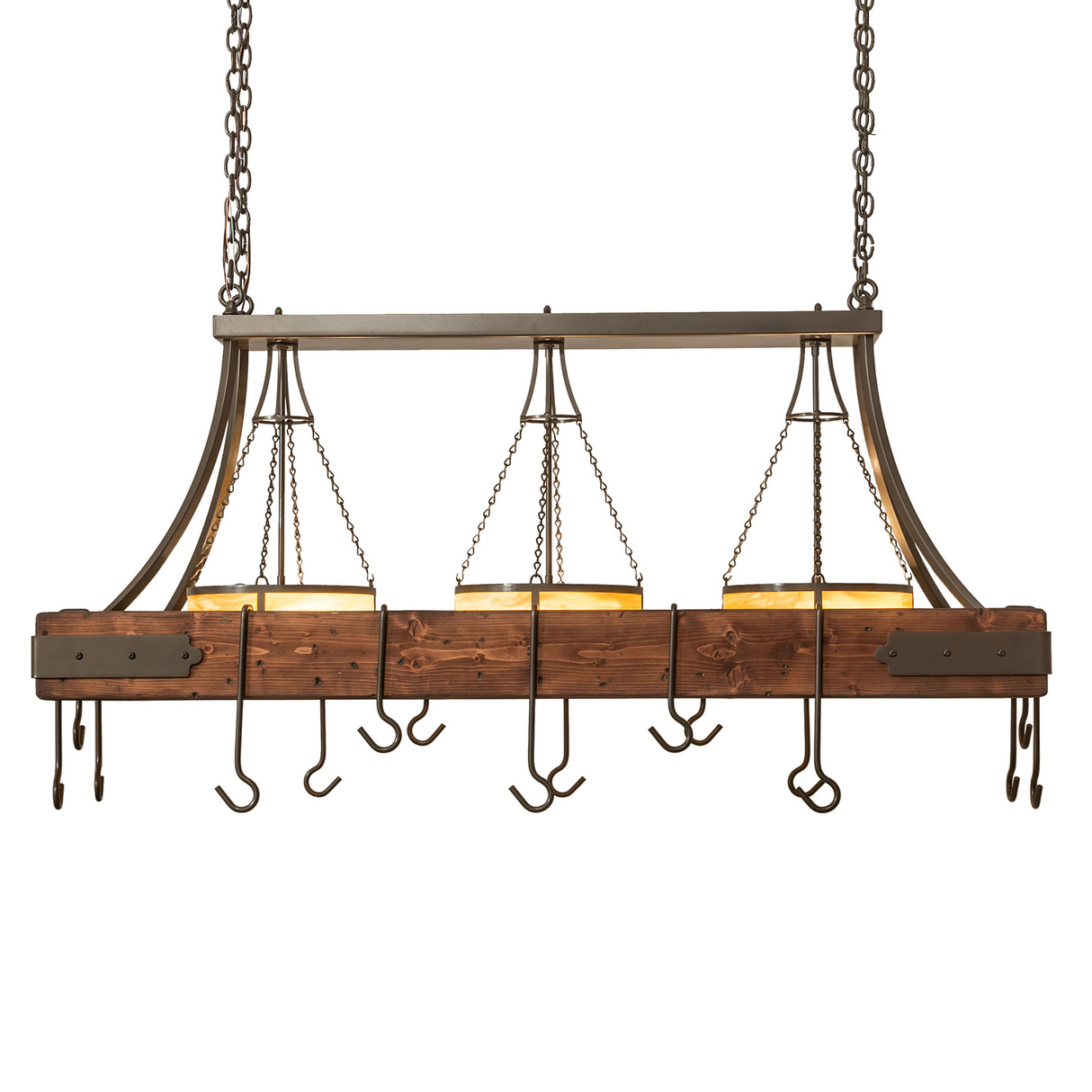 Side profile view of rustic mahogany frame and downlights.