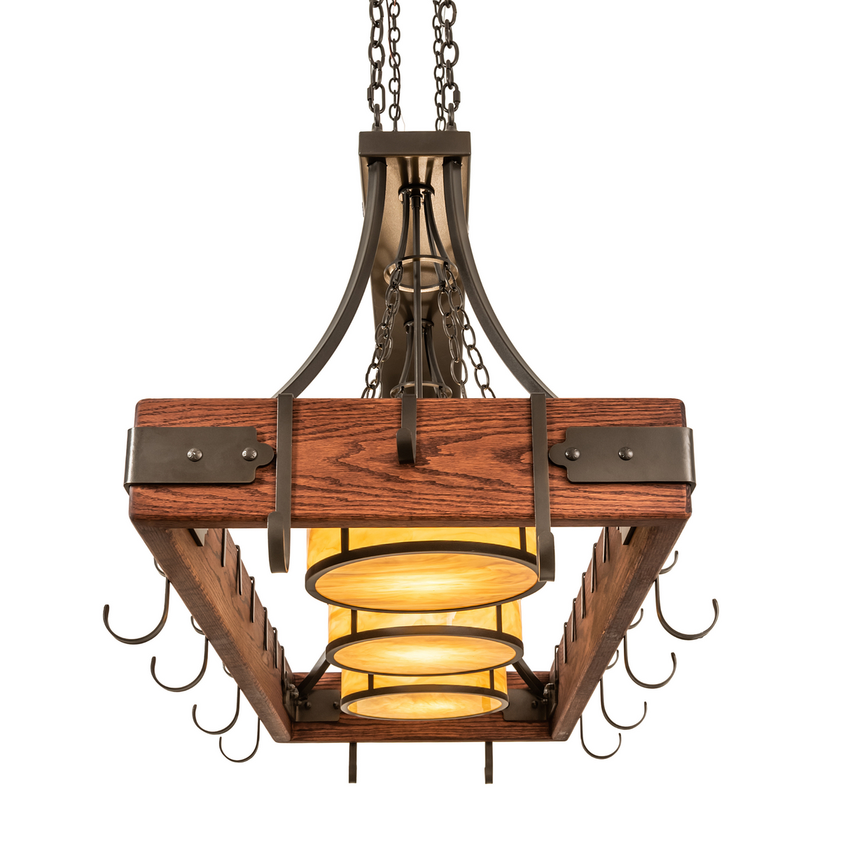 Vertical perspective of Steamboat chandelier highlighting hooks and lights.