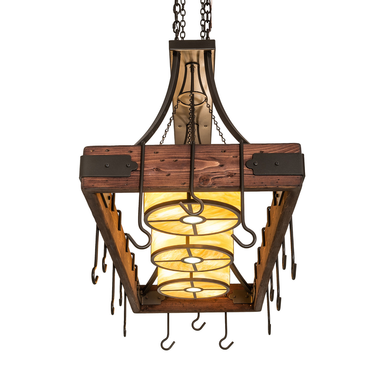 Bottom view of Steamboat pot rack chandelier with glowing Idalight shades.