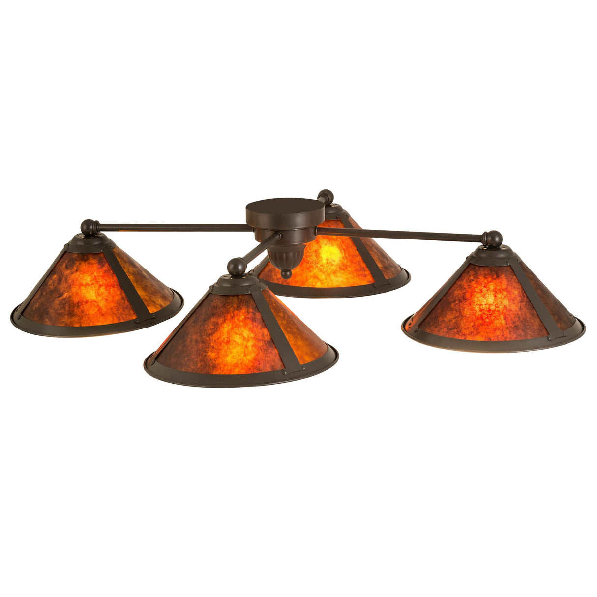 Angled view of the Sutter 4 Light Flushmount, featuring handcrafted amber mica shades.