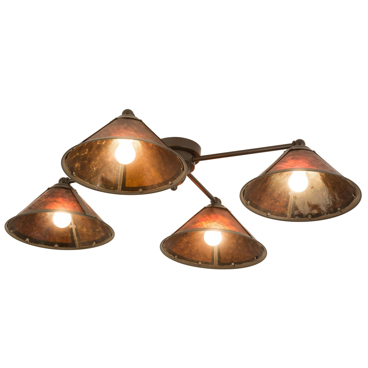 Bottom angle view of the Sutter 4 Light Flushmount, showcasing its illuminated amber mica shades.