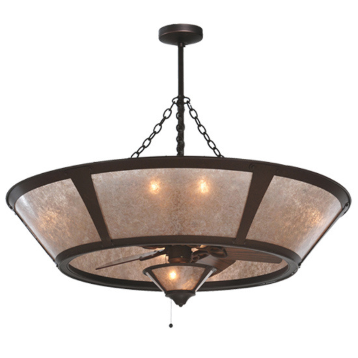 Angled front view highlighting warm mica glow and fan light.