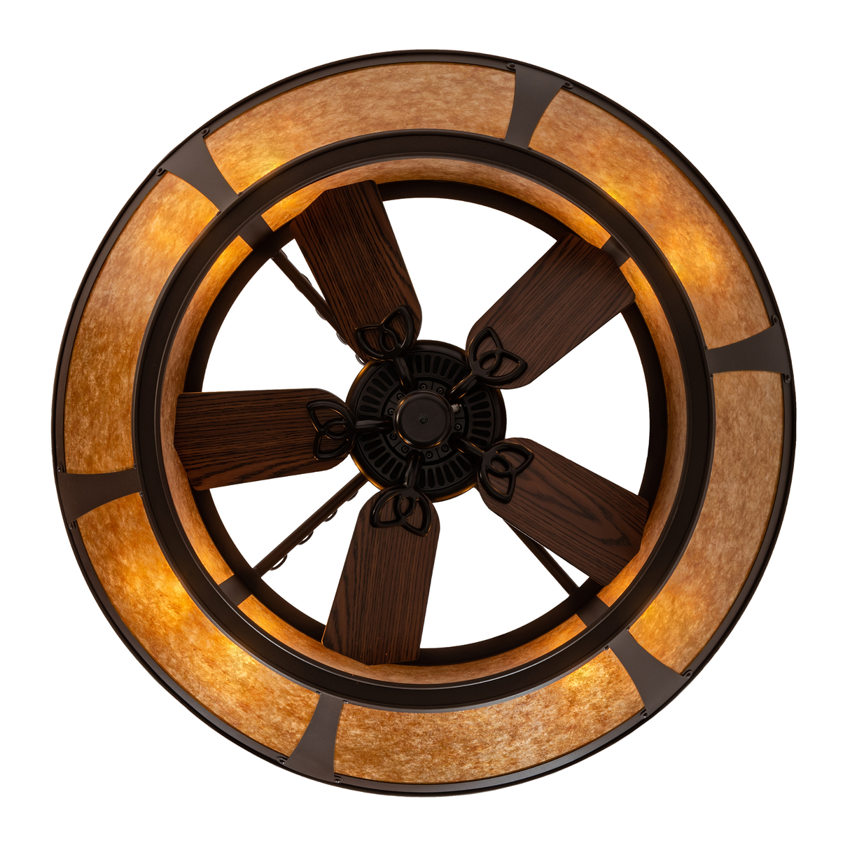 Bottom lit view of Sutter Chandel-Air with fan blades and lights.