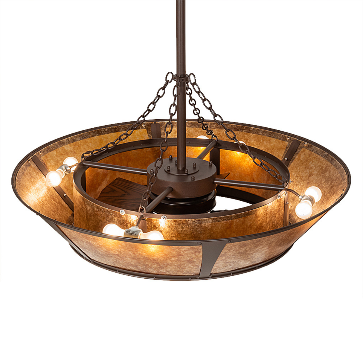 Top angled lit view showing light bulbs and metal framework.