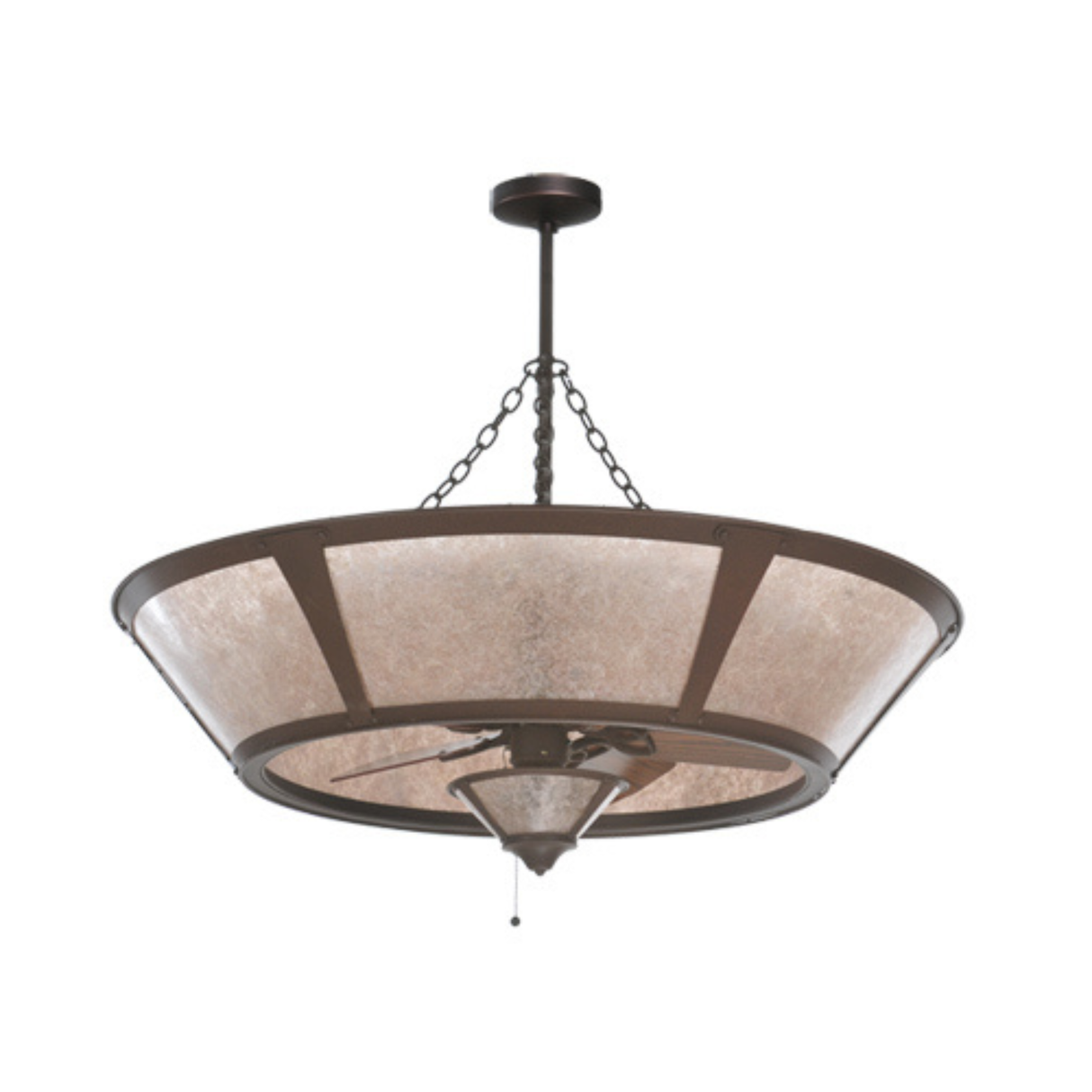 Wide side angle view showing silver mica shade and chain mount.