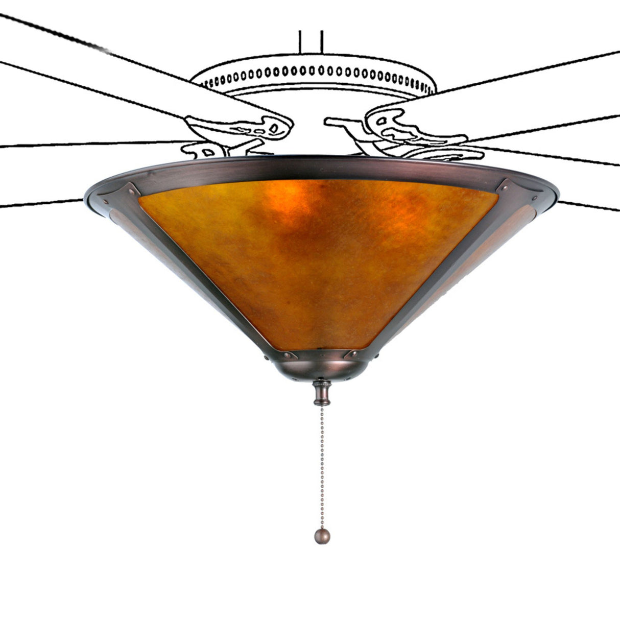 Illuminated Sutter fan light fixture with warm amber mica panels and mahogany bronze frame.