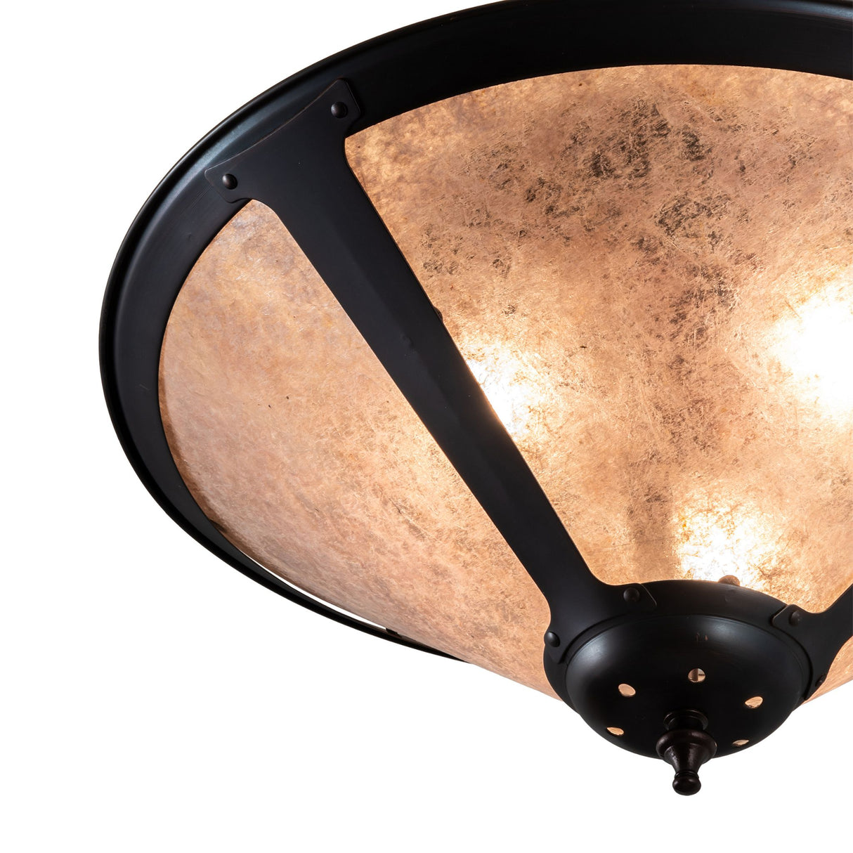 Close-up view of the Sutter Flushmount highlighting the Silver Mica shade and Mahogany Bronze frame.