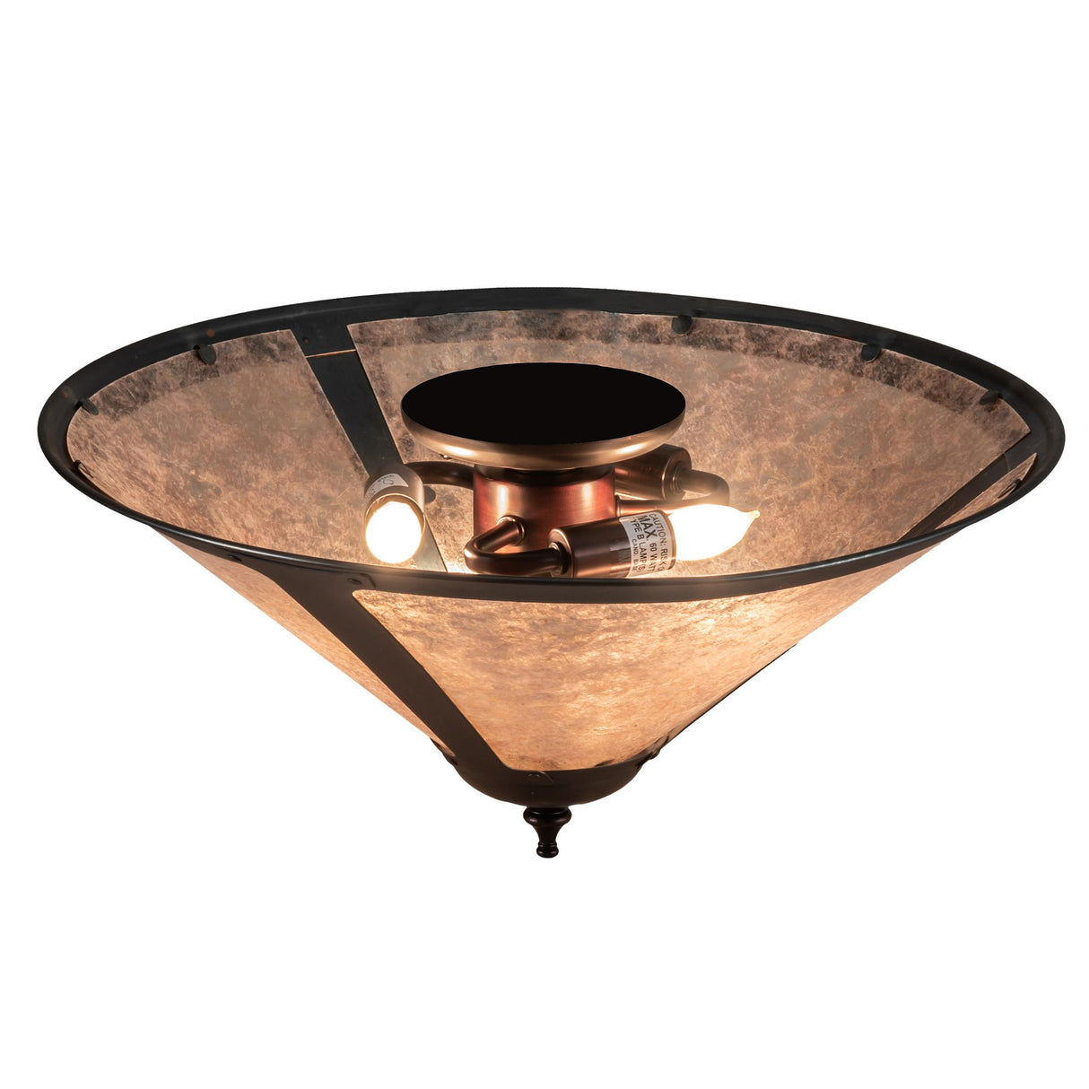 Interior view of the Sutter Flushmount, showing the light bulbs inside the Silver Mica shade.