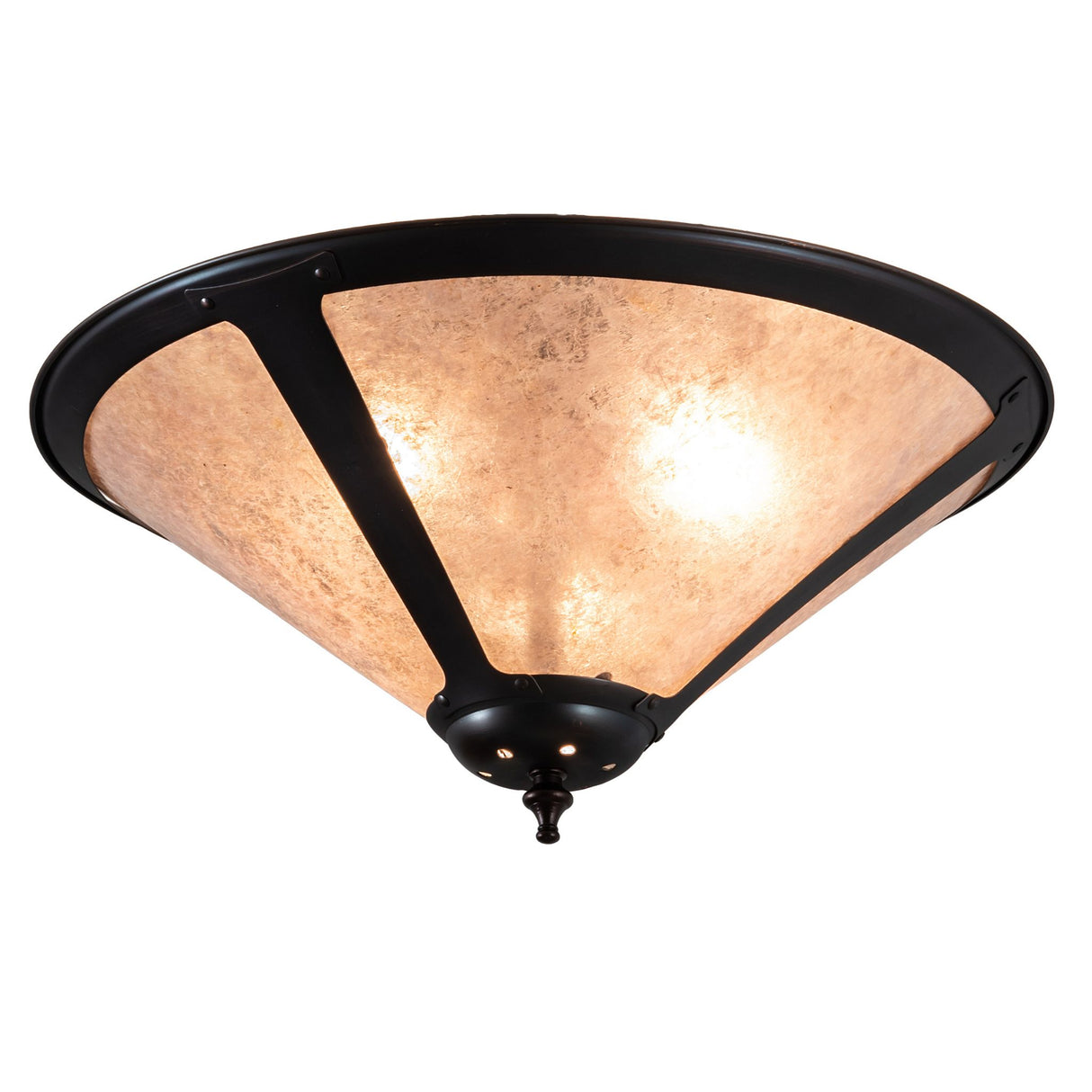 Lit view of the Sutter Flushmount featuring a Silver Mica shade and Mahogany Bronze hardware.
